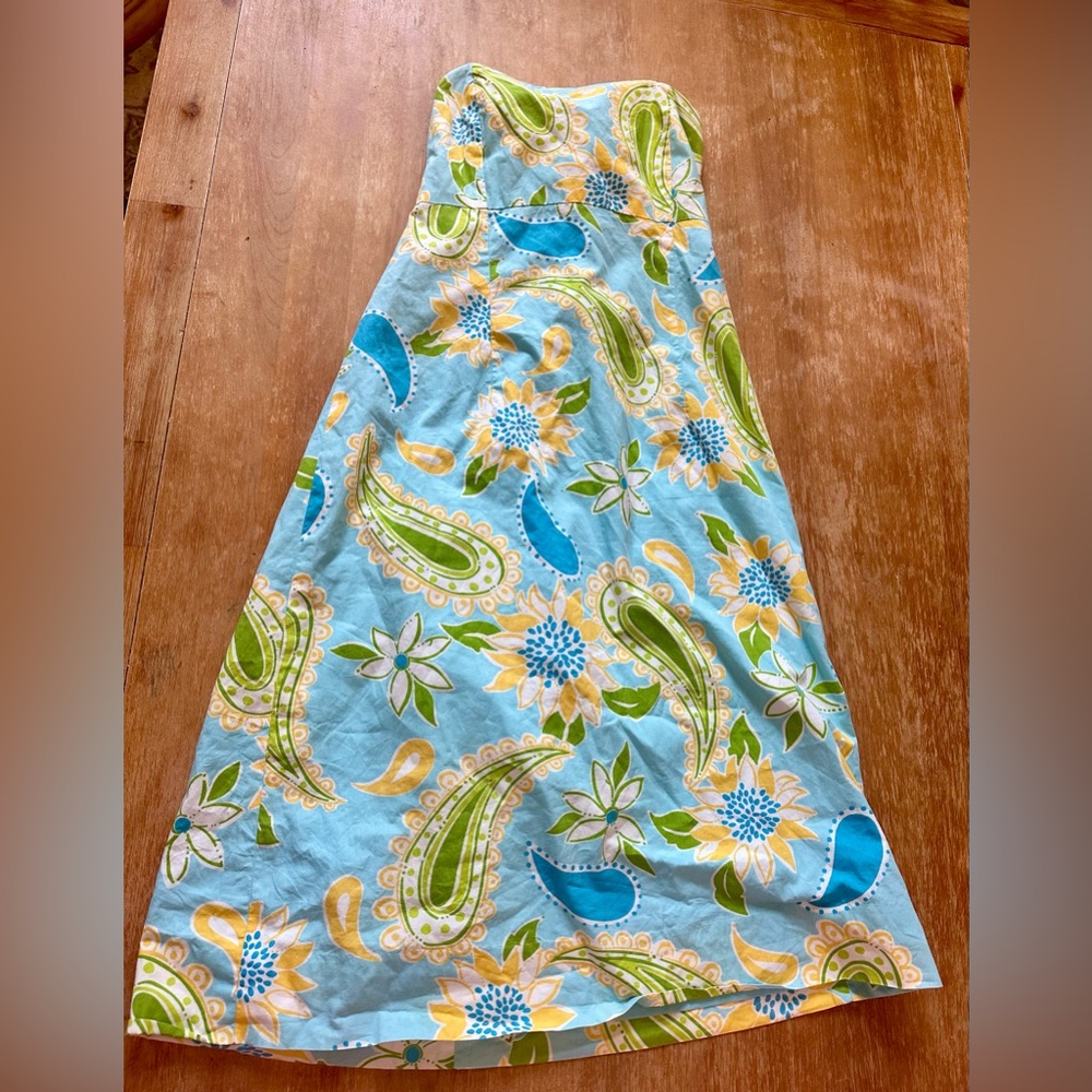 Adorable Lilly Pulitzer strapless aqua yellow paisley tie-back dress - size 8!